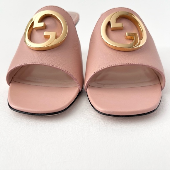 New GUCCI || Pink Blondie Mule Gold GG Interlocking Logo US 8.5 - Picture 5 of 16